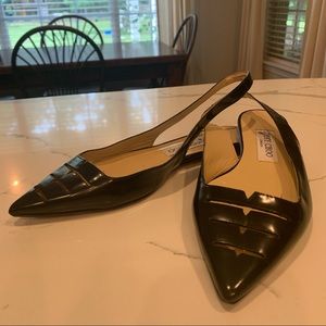 JIMMY CHOO BLACK LEATHER SLING BACK FLATS